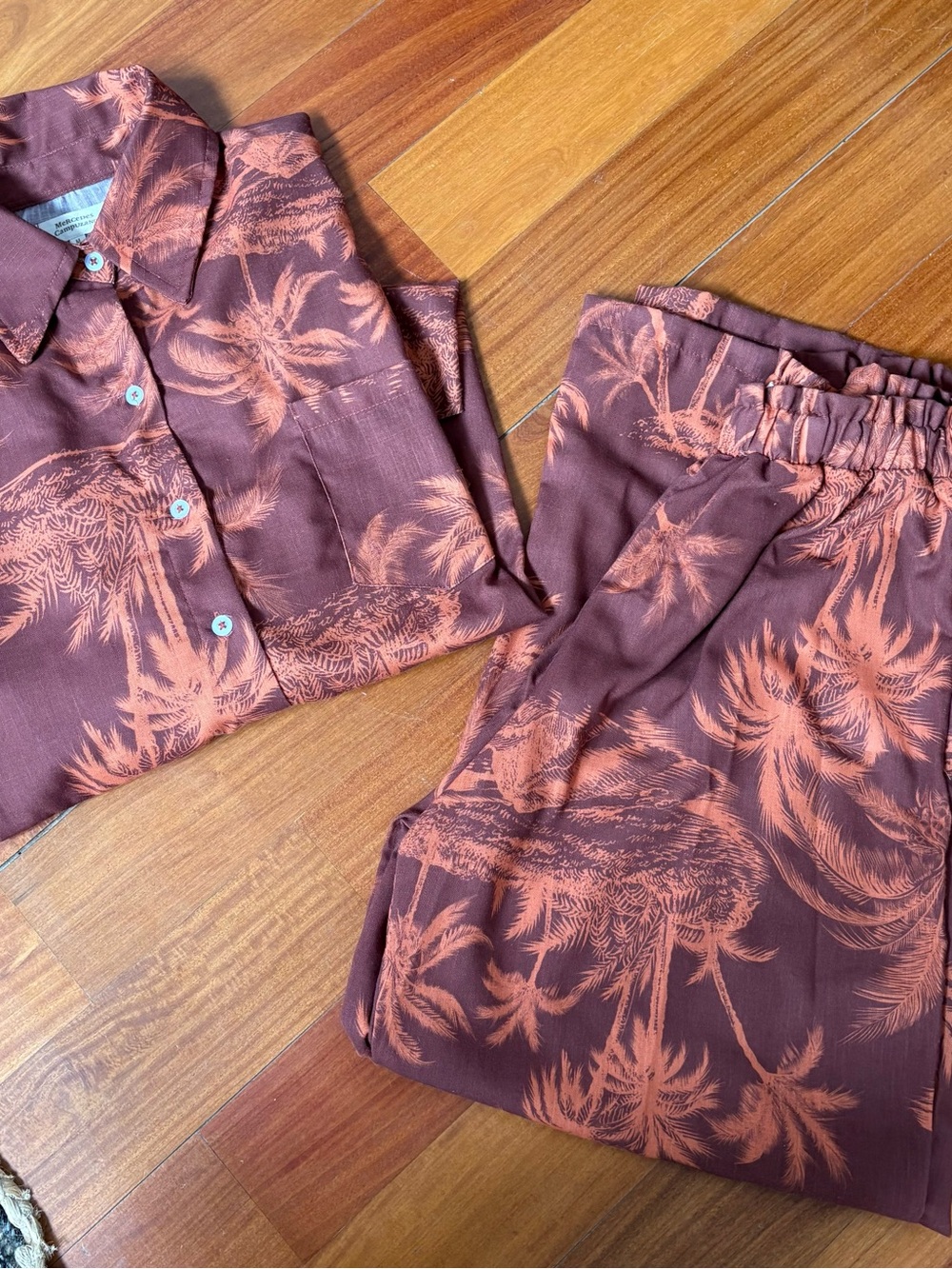Tropical Palm Print Two-Piece Set in Rust and Coral
